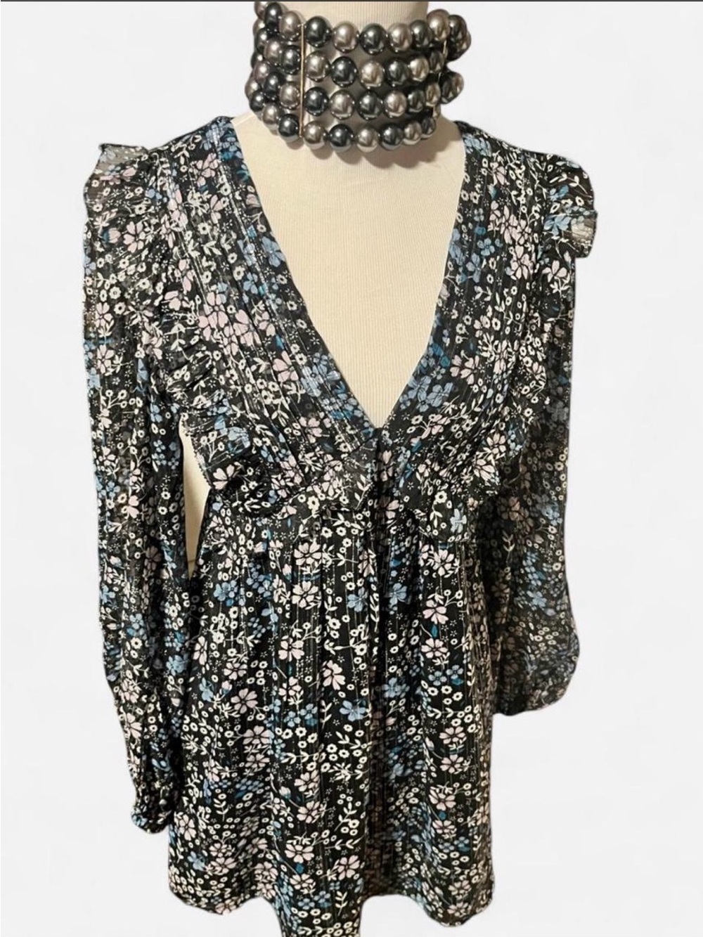 Blue Rain Black Floral V-Neck Blouse with Blue & Pink Accents